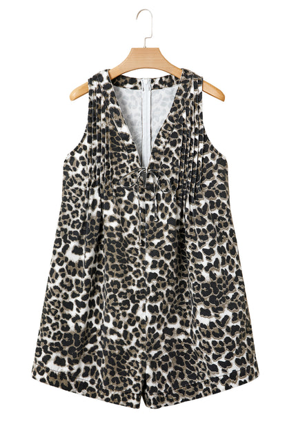 Leopard Denim Pleated Sleeveless Romper