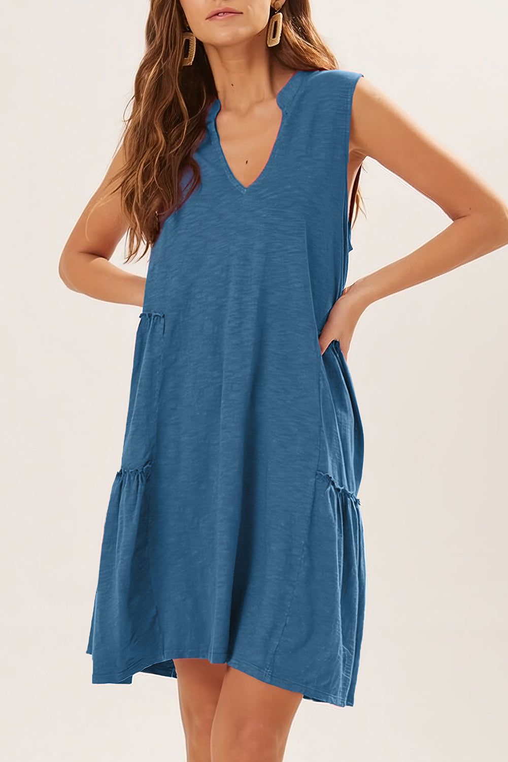 Split V-Neck Tiered Sleeveless Dress