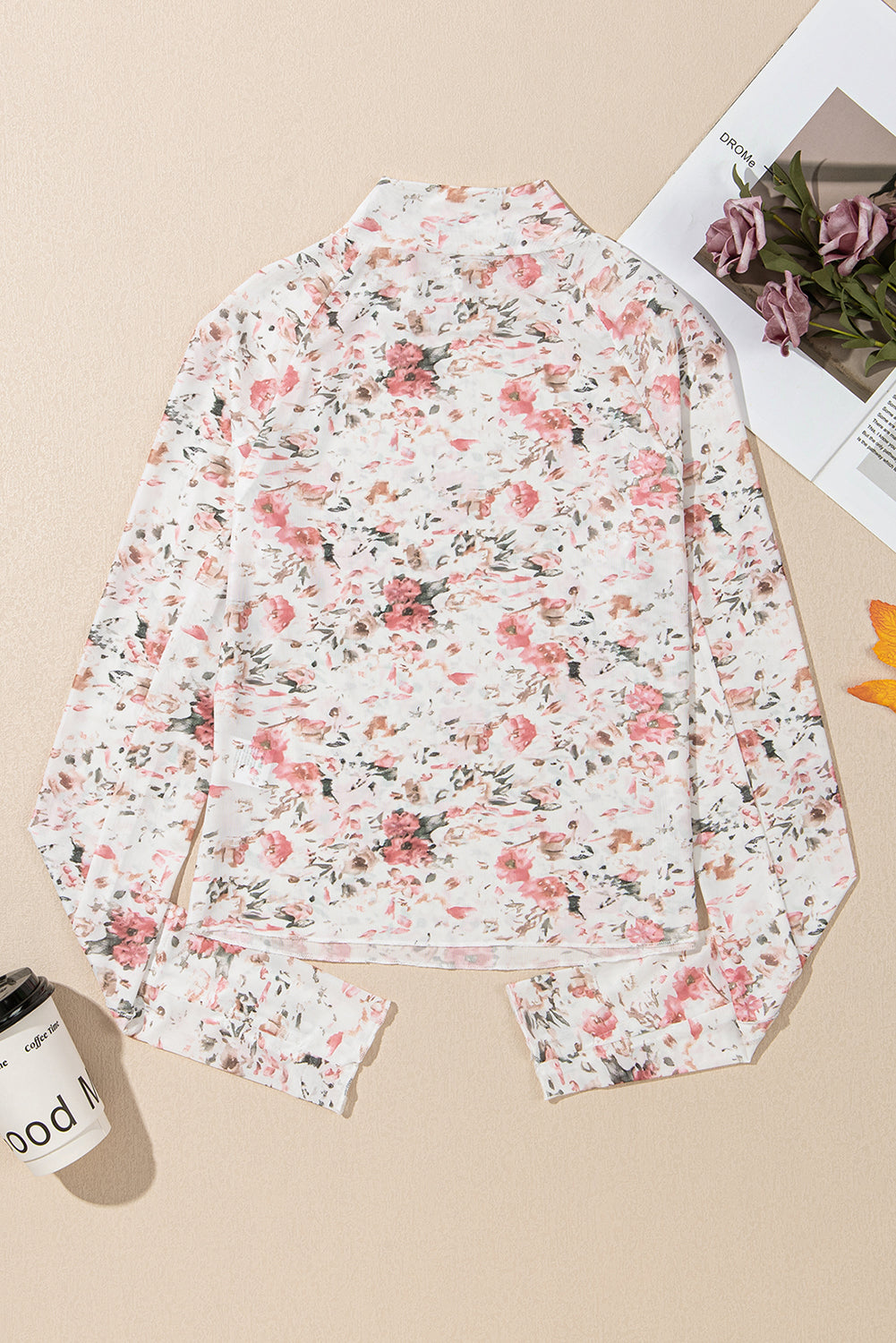 Floral Mesh Long Sleeve Mock Neck Top