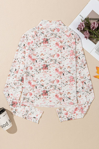Floral Mesh Long Sleeve Mock Neck Top