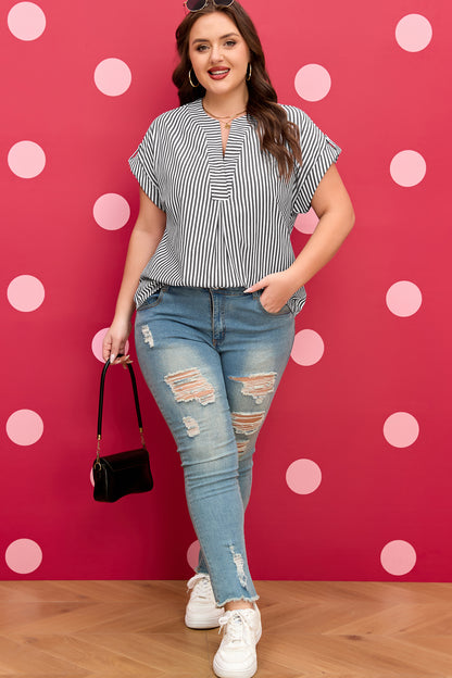 Plus Size Stripe V-Neck Dolman Sleeve Blouse