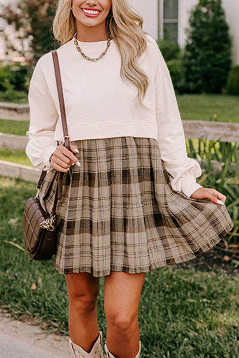 Plaid Patchwork Sweatshirt Mini Dress