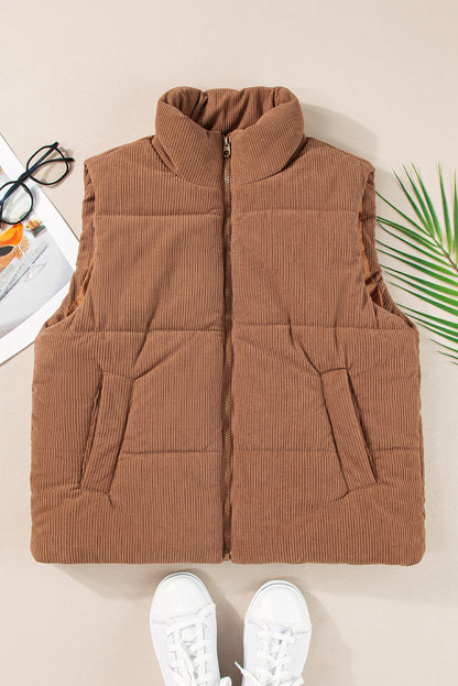 Corduroy Zip-Up Pocketed Puffer Vest