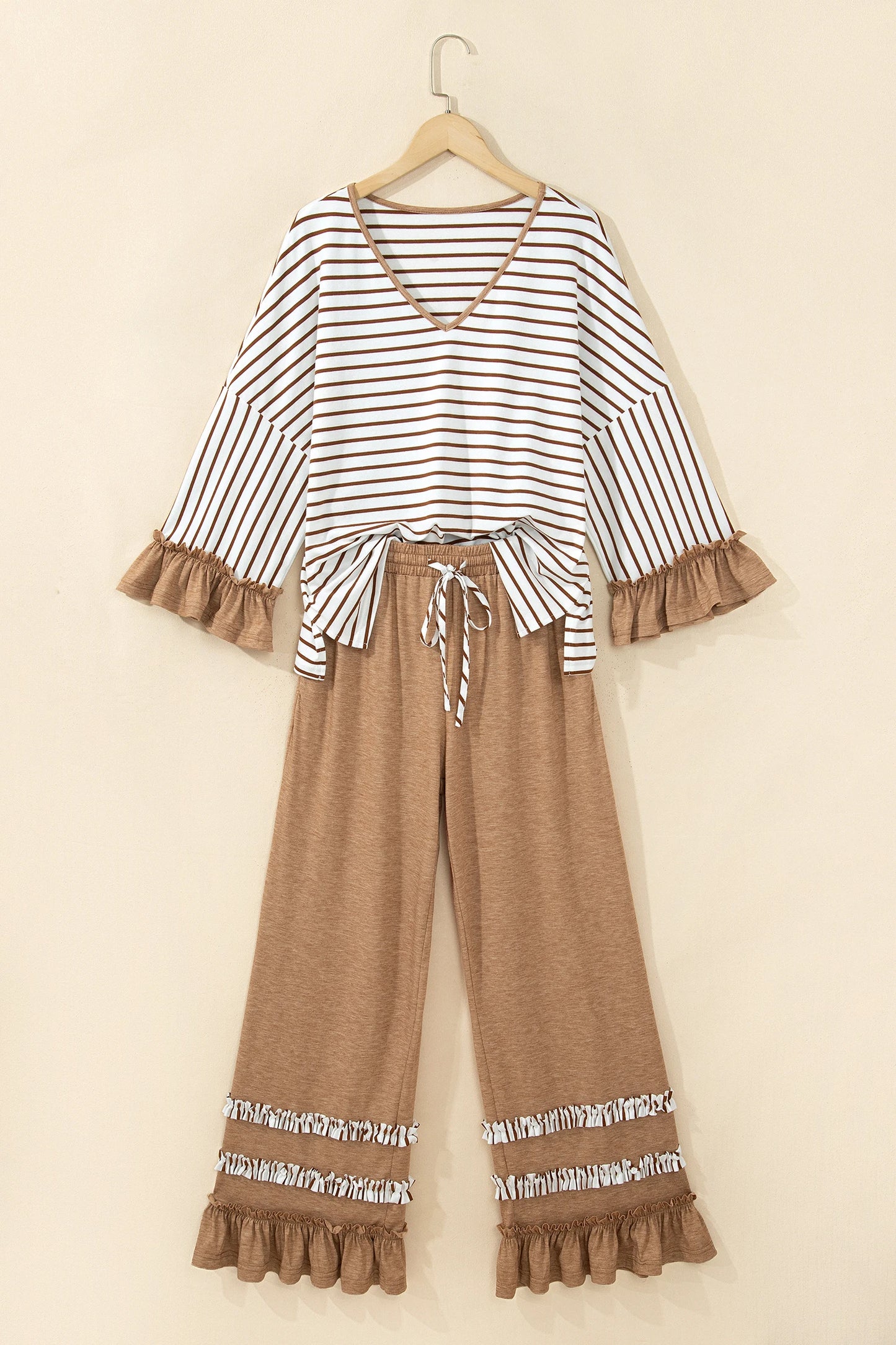 Stripe Ruffle Patchwork V-Neck Top & Pants Set