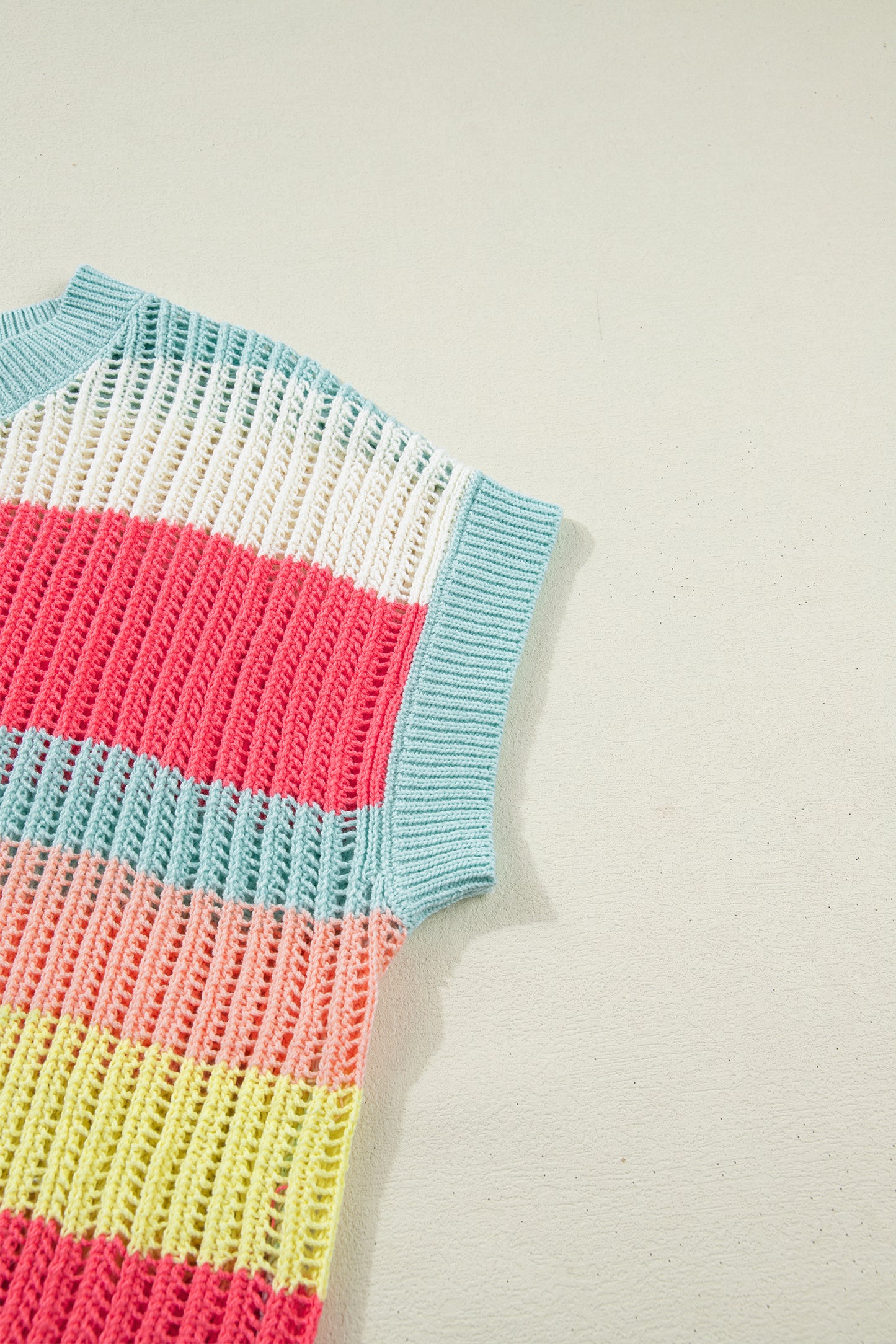 Stripe Colorblock Hollow-Out Short Sleeve Sweater