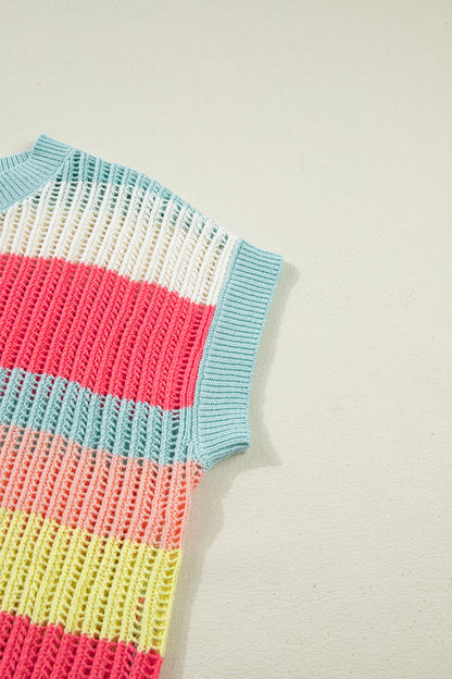 Stripe Colorblock Hollow-Out Short Sleeve Sweater