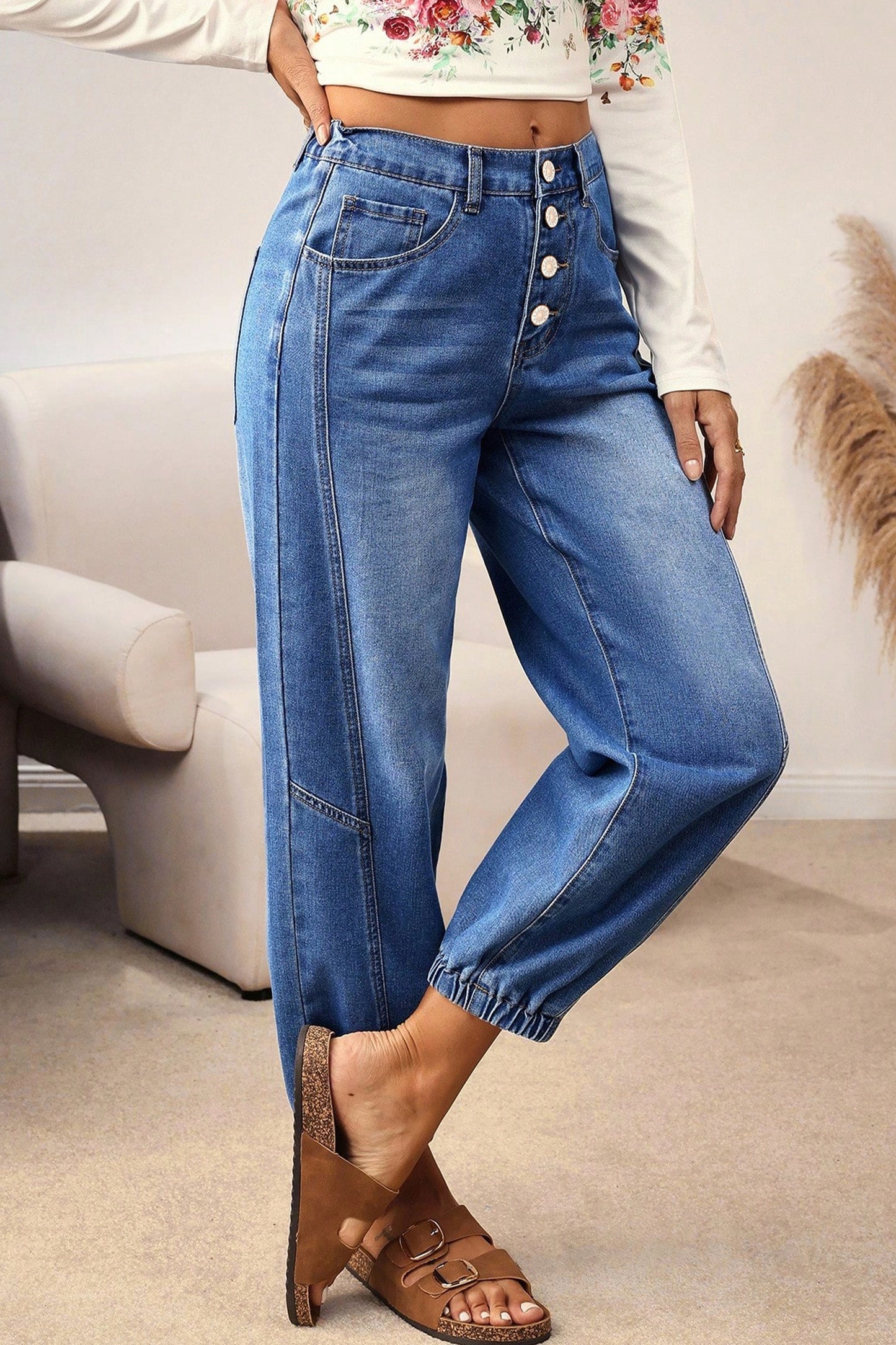 Denim Buttoned Fly Tapered Barrel Leg Jeans