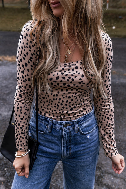 Leopard Scoop Neck Long Sleeve Bodysuit