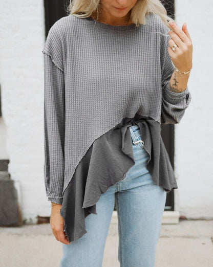 Waffle Ruffle Long Sleeve Top