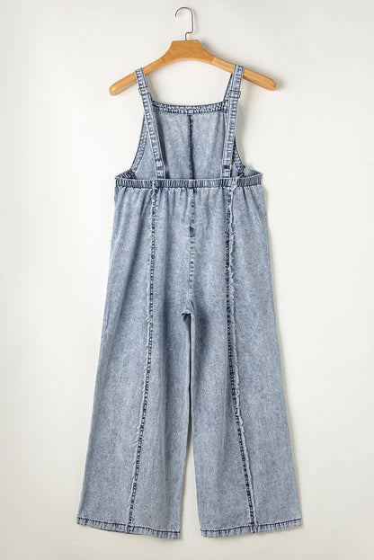 Denim Frayed Reverse Seam Wide Leg Overall