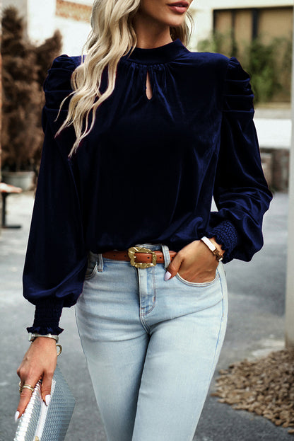 Red Mock Neck Puff Sleeve Velvet Blouse