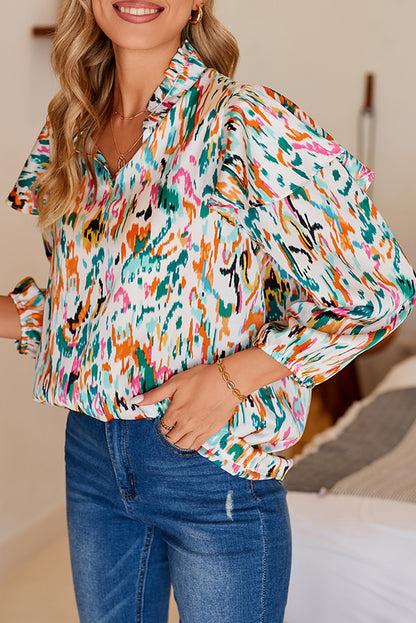 Abstract Ruffle 3/4 Puff Sleeve Blouse