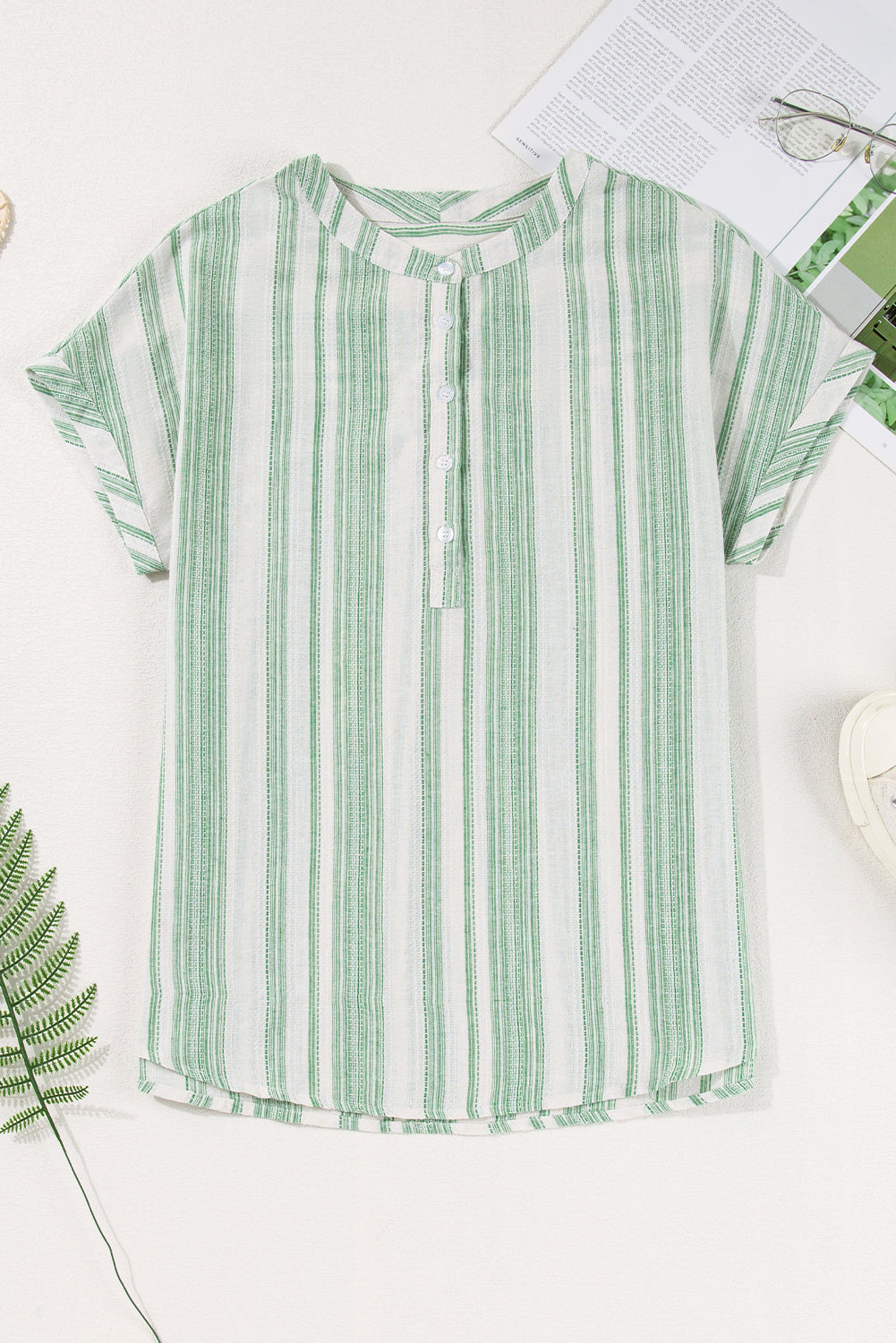 Stripe Half Buttoned Short Sleeve Blouse