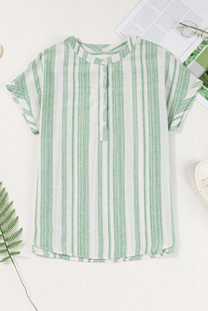 Stripe Half Buttoned Short Sleeve Blouse