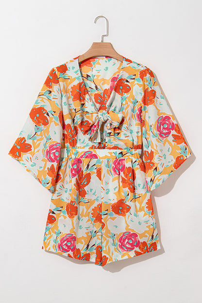 Floral 3/4 Sleeve Front Tie Romper