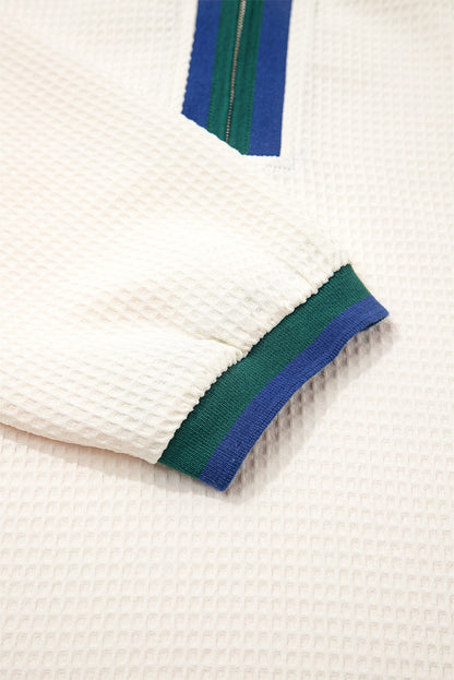 Stripe Contrast Waffle Knit Zip Up Polo Sweatshirt