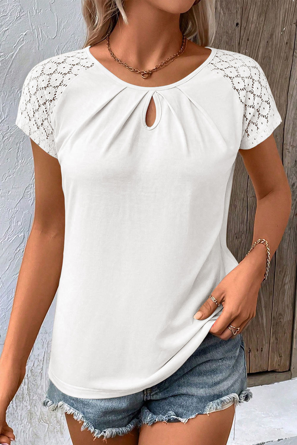 Contrast Lace Sleeve Keyhole Top