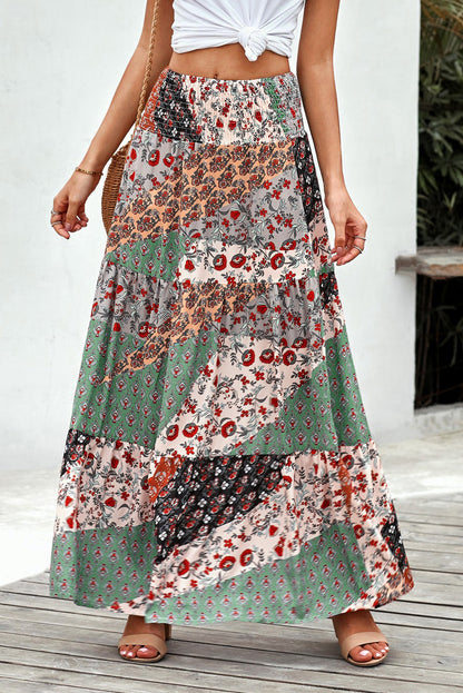 Boho Floral Patchwork Smocked Waist Maxi Skirt