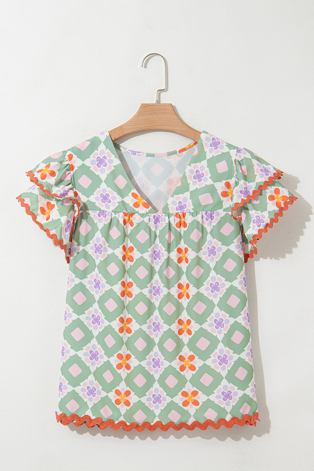 Geometric Floral V-Neck Layered Flutter Sleeve Blouse