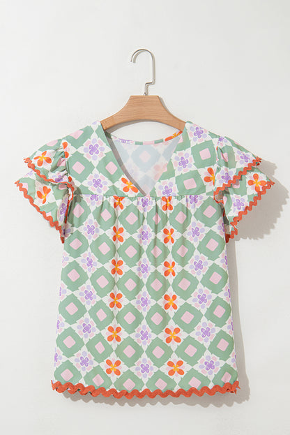 Geometric Floral V-Neck Layered Flutter Sleeve Blouse