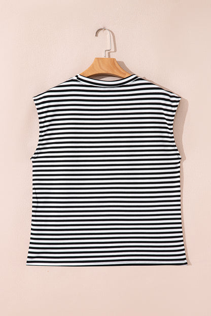 Stripe Ribbed Cap Sleeve Round Neck T-Shirt