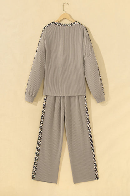 Leopard/Polka Dot Trim Long Sleeve Top & Pants Set