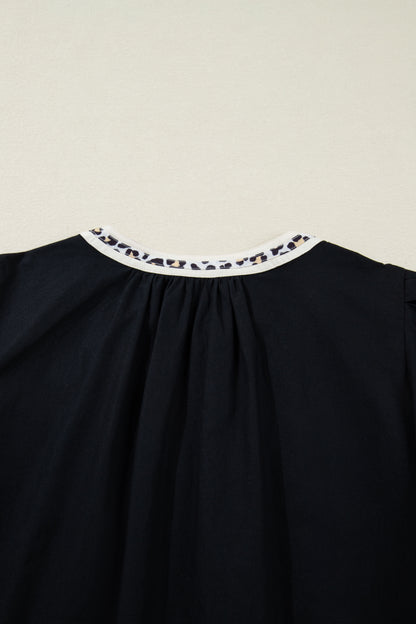 Leopard Trim Short Puff Sleeve Mini Dress