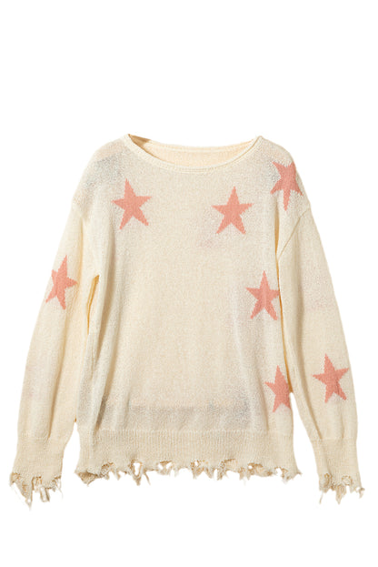 Star Long Sleeve Distressed Sweater