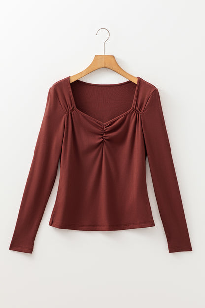 Gathered Bust Square Neck Ribbed Long Sleeve Top