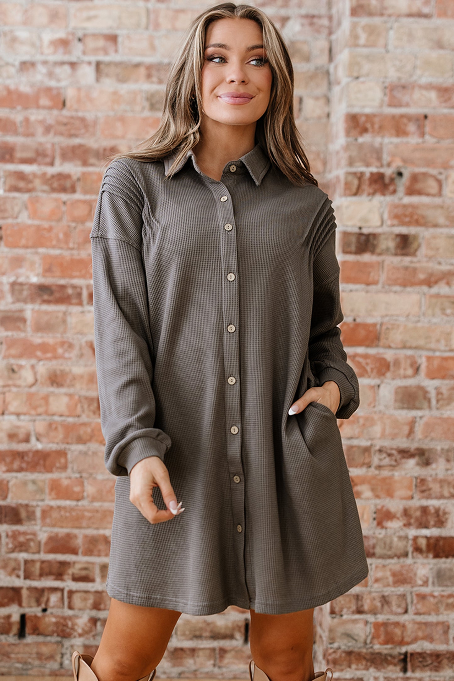 Waffle Knit Pleated Drop Shoulder Shirt Dress
