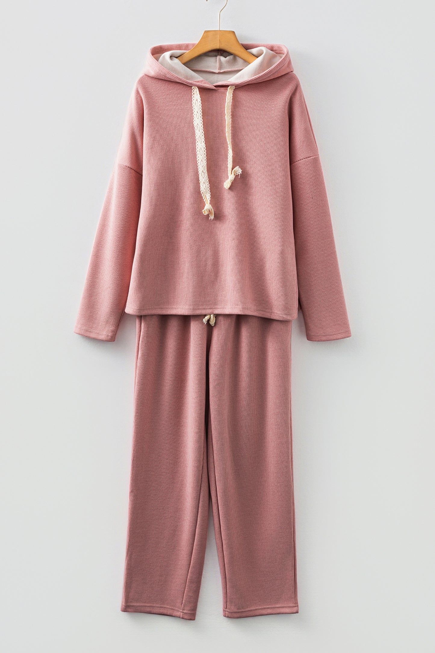 Solid Corduroy Lace Hoodie and Pants Set