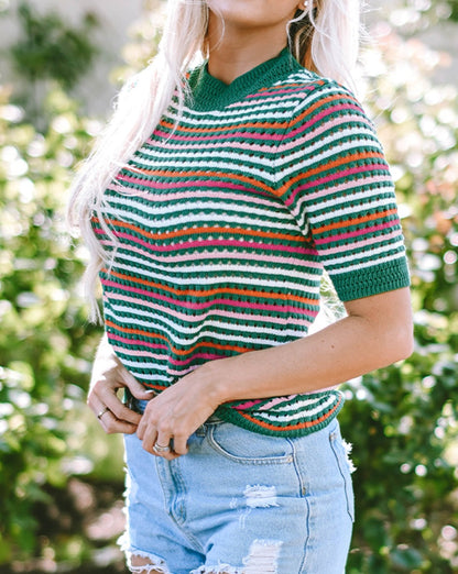 Stripe Pointelle Knit T-Shirt