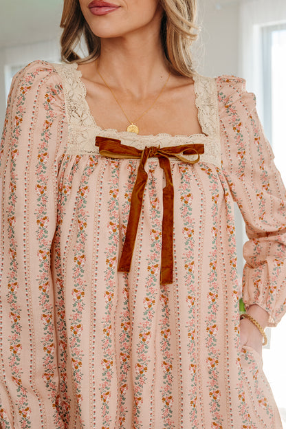 Floral Lace Square Neck Velvet Bow Tie Mini Dress