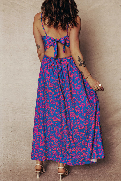 Floral Twisted V-Neck Tied Backless Maxi Dress