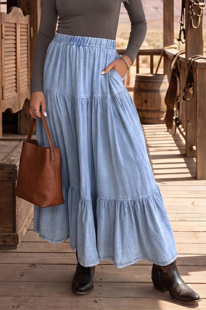 Denim Ruffle Tiered Flared Maxi Skirt