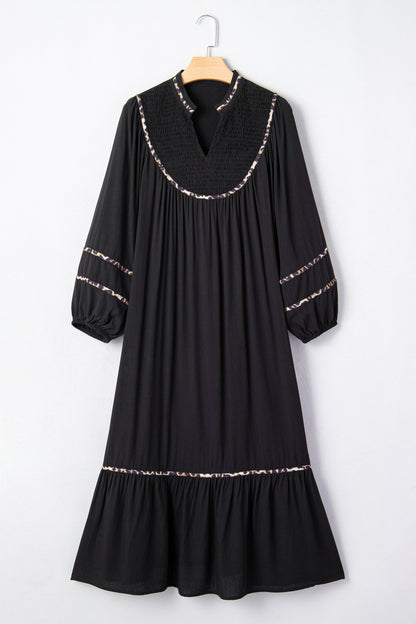 Leopard Contrast Trim Split Neck Midi Dress