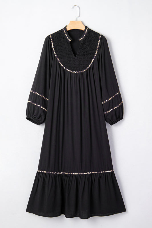 Leopard Contrast Trim Split Neck Midi Dress