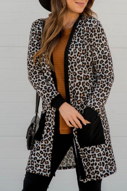 Leopard Open Front Pocketed Cardigan