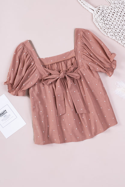 Dotted Puff Sleeve Bow Back Blouse