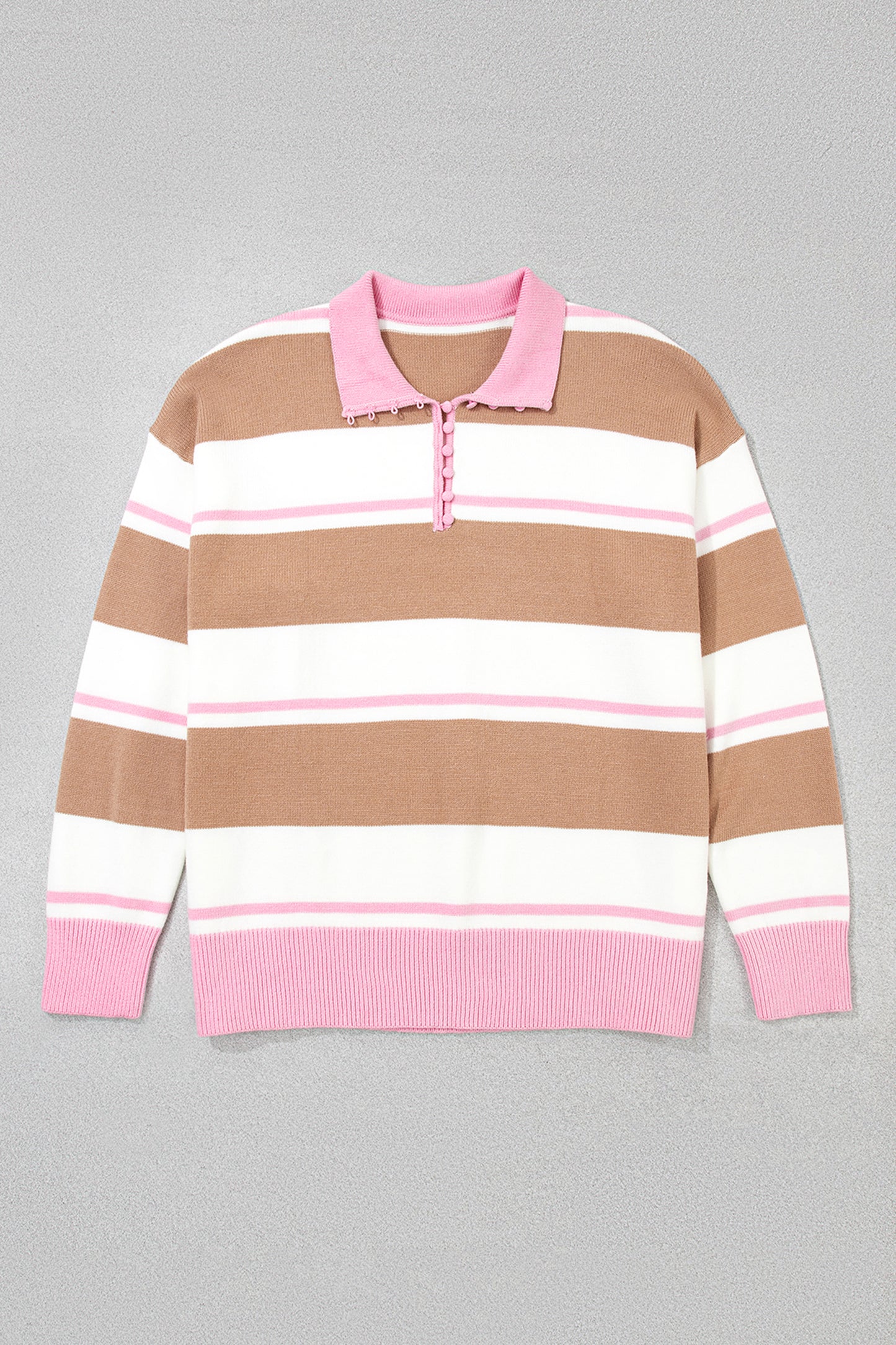 Stripe Colorblock Buttoned Collar Drop Shoulder Sweater