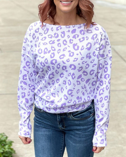 Leopard Waffle Boatneck Top Plus Size