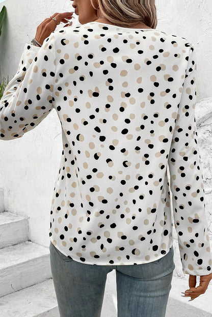 Polka Dot Buttoned V-Neck Blouse