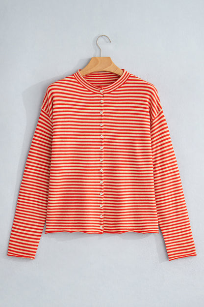 Stripe Button Collar Long Sleeve Knit Cardigan