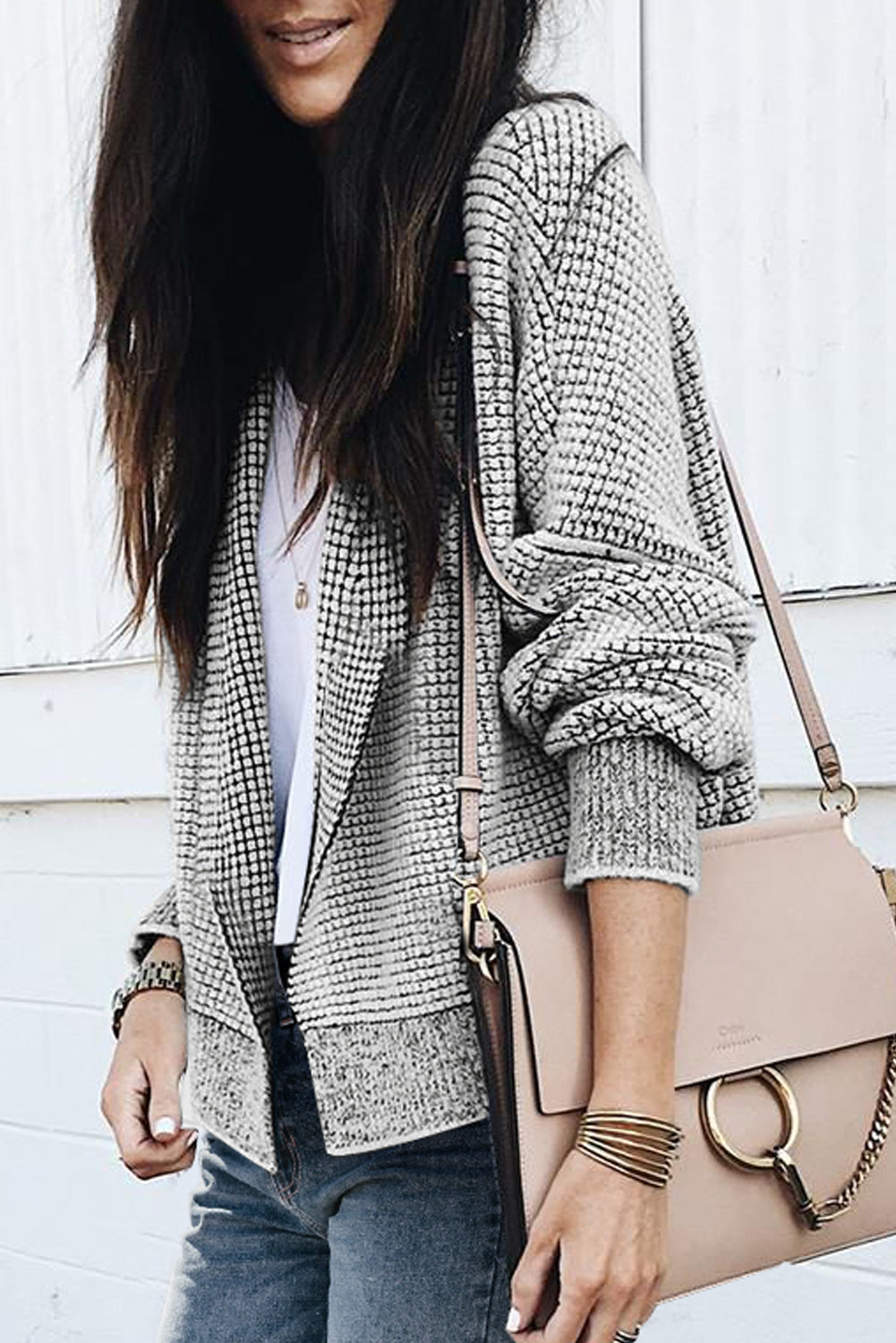 Checker Open Front Textured Cardigan