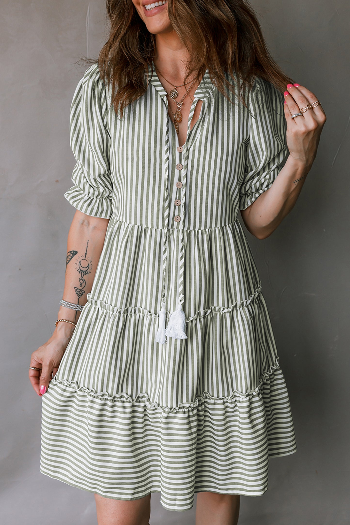 Stripe Tassel Tie-Neck Ruffle Tiered Dress