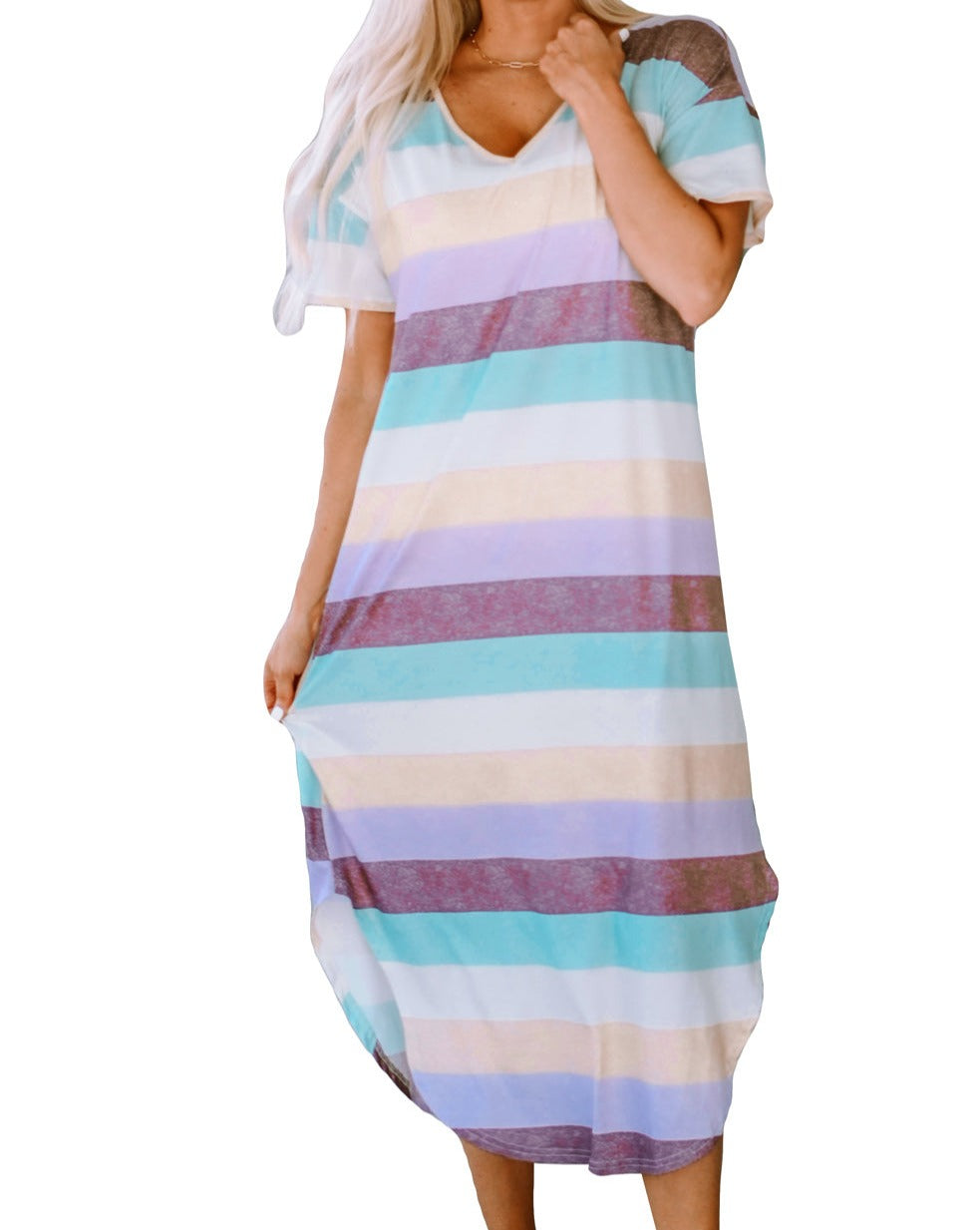 Stripe V-Neck T-Shirt Midi Dress