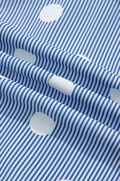 Stripe Contrast Polka Dot Pleated Ruffle Sleeve Shirt