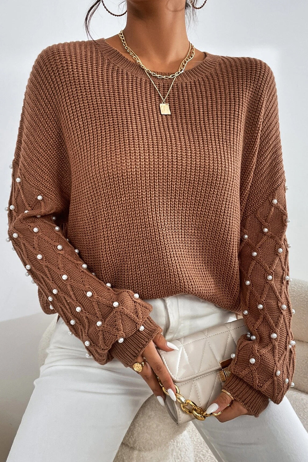 Pearl Beaded Round Neck Sweater