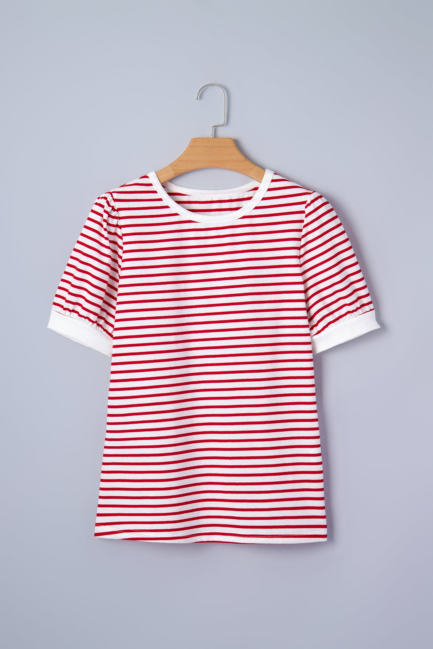 Stripe Contrast Trim Round Neck Puff Sleeve T-Shirt