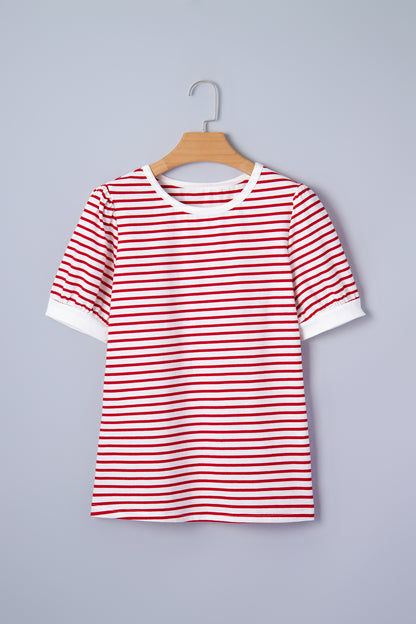 Stripe Contrast Trim Round Neck Puff Sleeve T-Shirt